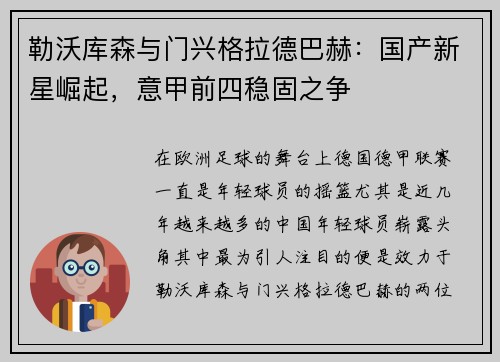 勒沃库森与门兴格拉德巴赫：国产新星崛起，意甲前四稳固之争