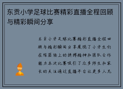 东贡小学足球比赛精彩直播全程回顾与精彩瞬间分享